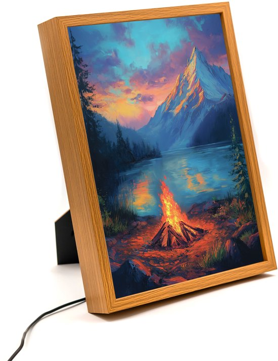 Campfire Mountain – 31×23 cm – Verlicht kunstwerk – LED licht portret nachtlampje – Dimbaar – Sfeerverlichting – Kinder Woon en Slaapkamer Wall Art Decor van MotiveLight
