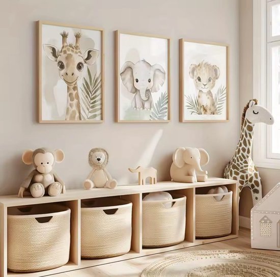 Canvas Posters Babykamer - Set van 3 Jungle Dieren - Giraf, Olifant en Leeuw - A3 - Zonder Lijst