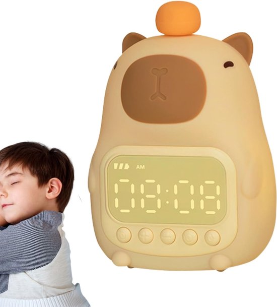 Capybara Wekker - Digitale Klok - Kinderkamer Decoratie - Traploos Dimbaar - 156 x 10 x 156 cm - Geel
