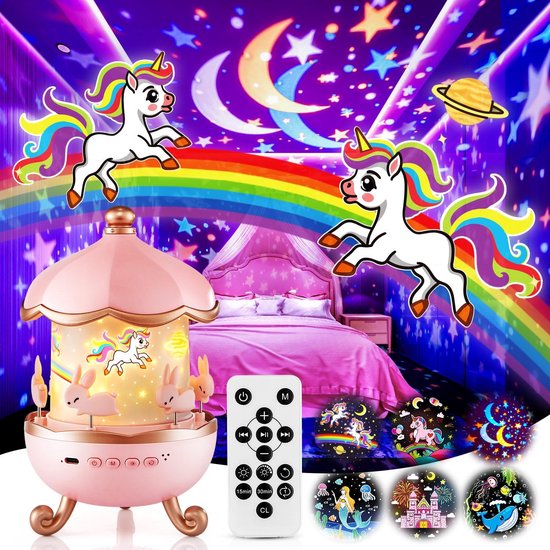Carrouselprojectorlamp - Nachtlampje voor kinderen - 6 lichtpanelen + 8 geluidseffecten - Muziekdoos - Verjaardagscadeau voor meisjes van Oemmn