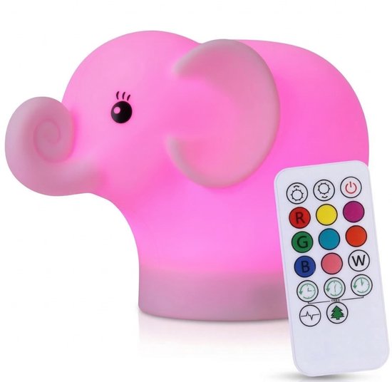 Caryota Nachtlampje Olifant - Nachtlampje Kinderen en Baby - RGB LED Kinderlamp - Dimbaar met Afstandsbediening - Oplaadbaar via USB-C - Siliconen van Merkloos