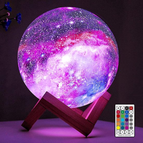 Casalora Maanlamp LED 3D - 16 Kleuren – Nachtlamp met Afstandsbediening – Houten Voet - 15cm