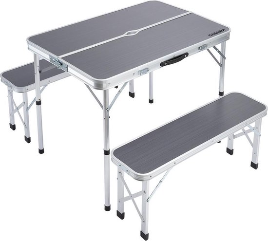 Casaria Campingtafel Aluminium – Incl. 2 Banken/Inklapbaar - Grijs van Casaria