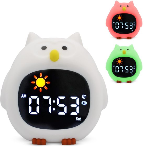 Castel Kinderwekker en Slaaptrainer Uil - Digitale Wekker met White Noise, Nachtlamp, Dimbaar LED Display en Instelbaar Meerkleurig Licht - USB Oplaadbaar