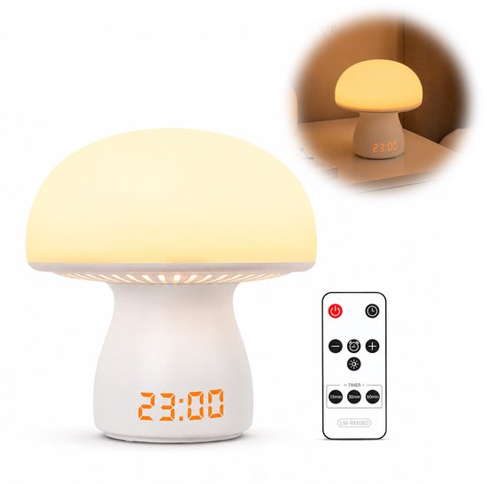 Champignonlamp met Klok - Schattige Touch Bedlamp voor Slaapkamer & Woonkamer - Draadloos Oplaadbaar Nachtlampje voor Kinderen & Volwassenen - 1 Stuk van FLITI