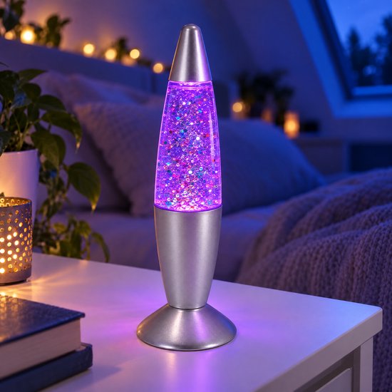 Cheqo® Glitterlamp - Lavalamp - Kleur Veranderend - Kleurwisselend - Sfeerlamp - Nachtlamp - Kinderlamp - Tafellamp met Glitters - Sfeerlicht - Multicolor - Zilver - Cadeau voor Kinderen - Meisjes en Jongens - Slaapkamer - Kinderkamer
