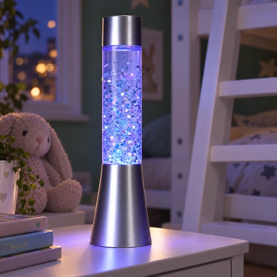 Cheqo® Glitterlamp op Batterijen - Lavalamp met Glitters - Kleurveranderend - Multicolor LED - Nachtlampje voor Kinderkamer en Slaapkamer - Sfeerlamp - Tafellamp - Kinderlamp voor Jongens en Meisjes - Zilver - Moodlight - Snoezellamp