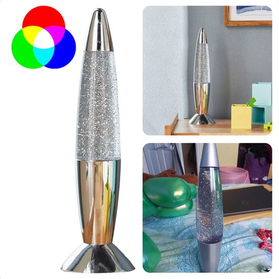 Cheqo® LED Glitterlamp - Glitter Lamp - Multicolor - Nachtlamp Kind - Sfeerverlichting 35 cm - Zilver
