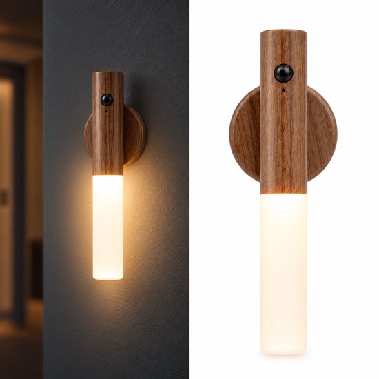 Cheqo® Nachtlampje met Bewegingssensor - Draadloze Wandlamp - LED Nachtlamp - USB Oplaadbaar - Magnetisch - Sensor Lampje - Muurlamp Binnen - Trapverlichting - Kastverlichting - Bedlamp voor Slaapkamer en Kinderkamer - Warm Wit - Houten Wandlamp van Cheqo®