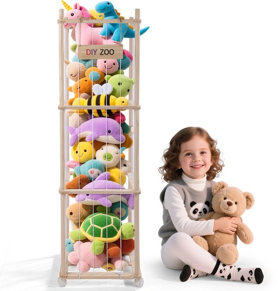 CINK PlushTower® Houten Knuffelopberger met Wielen - 3-Laags - 360° Draaibaar met Rem - 138 × 41 × 41 cm - Speelgoed Organizer voor Kinderkamer