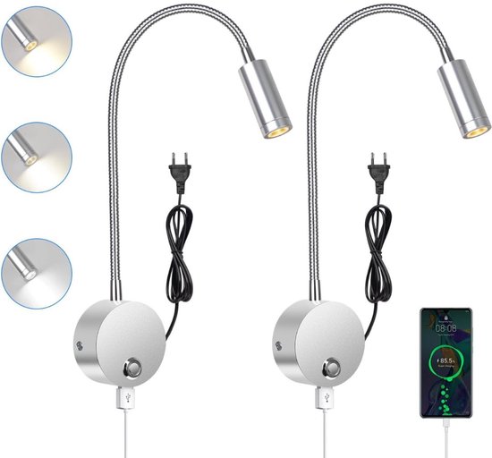 CLGP® Bedlampjes Hoofdbord - Dubbele Leeslampjes - Bedlamp Slaapkamer Volwassenen - Zilver van CLGP