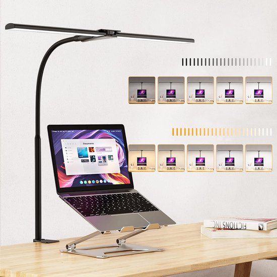 Clip-on bureaulamp - Clip-on bureaulamp met dubbele kop - Dimbare LED - Oogvriendelijke leeslamp - Clip-on bureaulamp - Geschikt voor slaapkamer, kantoor en studeerkamer - Afstandsbediening met 8 knoppen - Flexibel - Touchbediening - 150 cm - Zwart