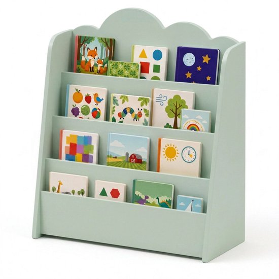 Coemo Speelgoedkist & Boekenrek Mintgroen CLOUDY 58x27x67 cm – Opbergkist met Wolkdesign, Stevige MDF-Constructie, Afgeronde Hoeken, Kinderkamermeubel