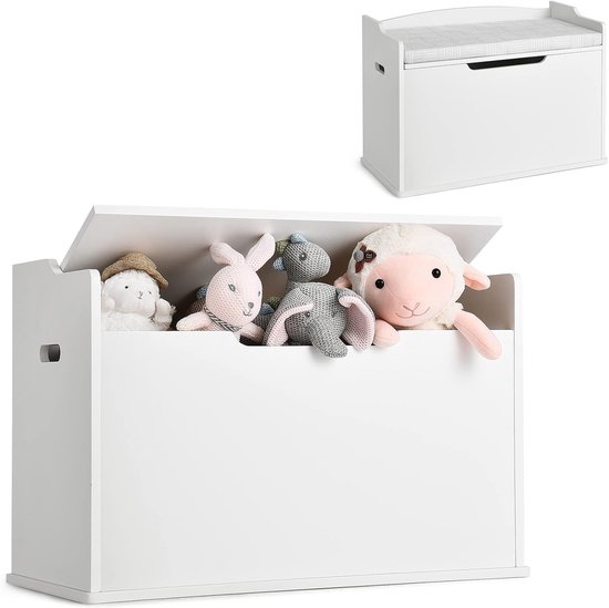 COSTWAY Speelgoedkist met deksel, 2-in-1 speelgoedkist met kussen, houten speelgoedkast met handgrepen, speelgoedopslag voor kinderkamer, speelkamer, 74 x 39 x 52 cm, wit