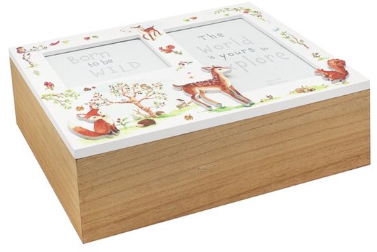 Cosy creations Bosvrienden Herinneringendoos 26 x 19 x 9 cm - Houten Memory Box voor Baby - Kraamcadeau & Babyshower Cadeau met Ruimte voor 2 Foto’s