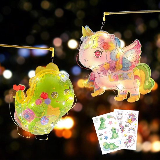 Creatieve Lampion Set voor Kinderen - 2 Stuks Unicorn en Dinosaurus Lampionnen voor Feestjes en Kerstdecoratie met Draagbare Stok