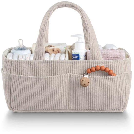 Crème Corduroy Luiermand Organizer – Commodemand - Luiertas baby - Ribstof Baby Opbergmand met Vakken en Uitneembare Inzetters – Met Handvatten