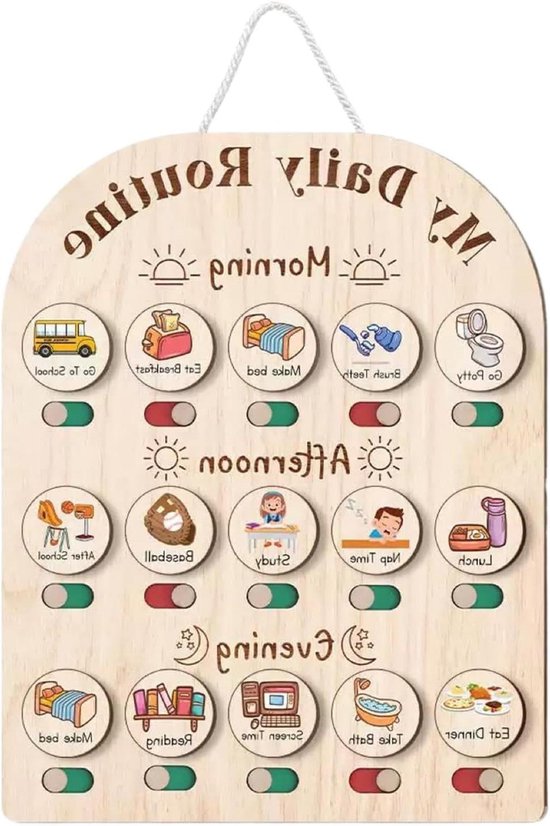Dagelijkse schema - Houten planner - Routine leren - Interactieve pictogrammen - 14 inch - Meerkleurig