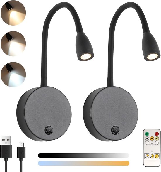 DailySupplies® Bedlampjes Hoofdbord - Leeslampjes - Bedlamp Slaapkamer Volwassenen - Met Afstandsbediening - Zwart van DailySupplies®
