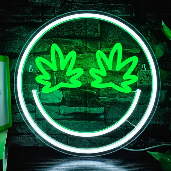 Daity 1 Pack - Smileygezicht LED-neonlicht, groen blad- en oogneonlicht, geschikt voor wanddecoratie, USB-gevoede LED-lamp, geschikt voor spelkamers, bierbars, exclusieve ruimtes voor mannen, clubs, bars, feestdecoraties. van Merkloos