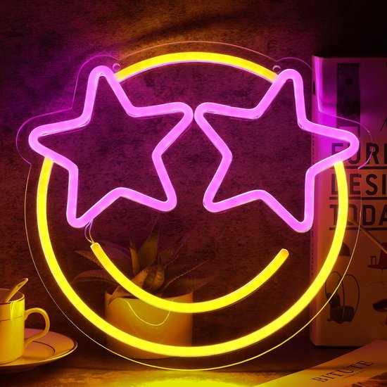 Daity 1 stuk - Neonlicht met smileygezicht, LED-neonlicht, wanddecoratie, dimbaar neonlicht, geschikt voor slaapkamer, speelkamer, kinderkamer, bardecoratie, geel en roze gloeiend neonlicht, geschikt voor bruiloften en verjaardagsfeestjes (33*31cm) van Merkloos