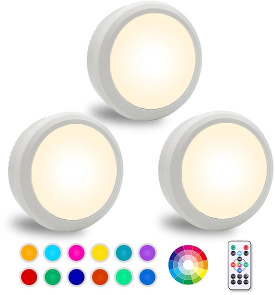 Daity 3-pack - LED-nachtlampje, afstandsbediening, 16 kleuren, verwisselbare kastlamp, nachtlampje op batterijen met dimmer en timer voor kledingkast, slaapkamer, keuken (wit, 8*2,8 cm) van Daity