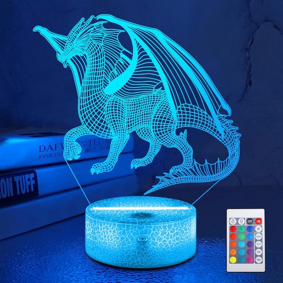 Daity 3D Draak Nachtlampje 3D Kinderillusielamp, 16 Kleuren Afstandsbediening Kleurverandering, Kinderkamerdecoratie, Kan Worden Gebruikt als Kerstmis Verjaardagscadeau voor Jongens en Meisjes van Merkloos