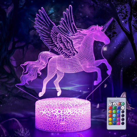Daity 3D illusie lamp eenhoorn, 3D vliegende eenhoorn nachtlampje, afstandsbediening bureaulamp, visueel licht, 16 soorten veranderlijke kleuren, verjaardagscadeau nachtlampje, geschikt voor meisjes kinderen huisdecoratie van Daity