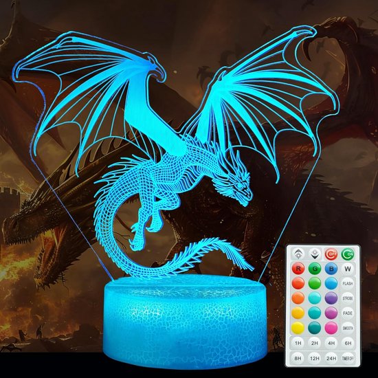 Daity Nachtlampje in de vorm van een draak, cadeau in de vorm van een draak, 3D-illusielicht, 16 kleuren veranderend, dimbaar, decoratie voor een kinderkamer voor jongens en meisjes, kerstcadeau voor de feestdagen van Daity