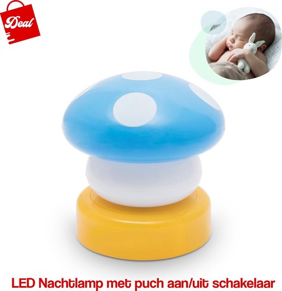 Deal LED Nachtlamp Met Push Aan & Uit Schakelaar - Blauw Paddenstoeltje van Merkloos