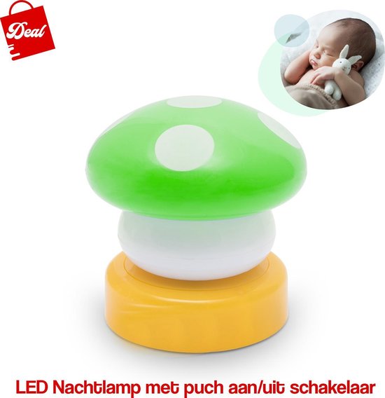 Deal LED Nachtlamp Met Push Aan & Uit Schakelaar - Groen Paddenstoeltje van Dezeure