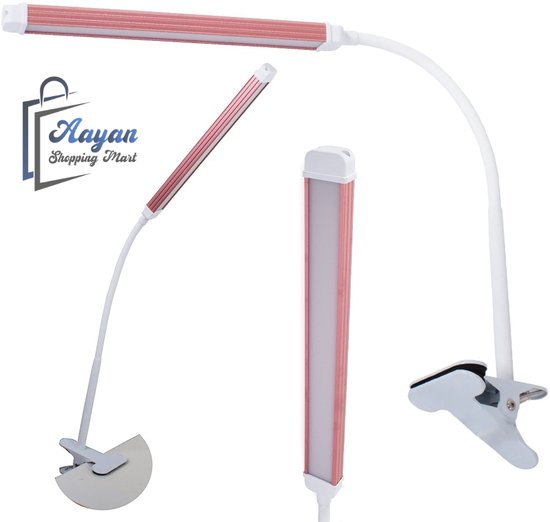 DESK LAMP 24 LED USB SCHADUWLOOS – 2 LICHTKLEUREN – MET KLEM – bureaulamp led–bureau lamp –bureaulamp met klem –bureaulampen –bureaulamp oplaadbaar – bureaulamp met cosmetische clip– wit met roze accenten–wit en roze– 19475
