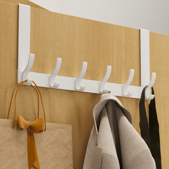 Deurkapstok met 6 haken, zowel boven als onder bruikbaar, voor optimale ruimtebenutting achter de deur, draagvermogen 20 kg, 39,5 cm × 28 cm × 5,5 cm, wit.