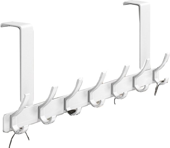 Deurkapstok met 7 haken (zowel boven- als onderhaken beschikbaar), voor optimale ruimtebenutting achter deuren. Draagvermogen: 20 kg. Afmetingen: 46 cm × 28 cm × 5,5 cm. Wit.