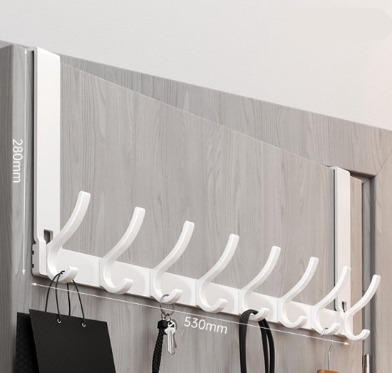 Deurkapstok met 8 haken, zowel boven als onder bruikbaar, voor optimale ruimtebenutting achter de deur, draagvermogen 20 kg, 53 cm × 28 cm × 5,5 cm, wit.