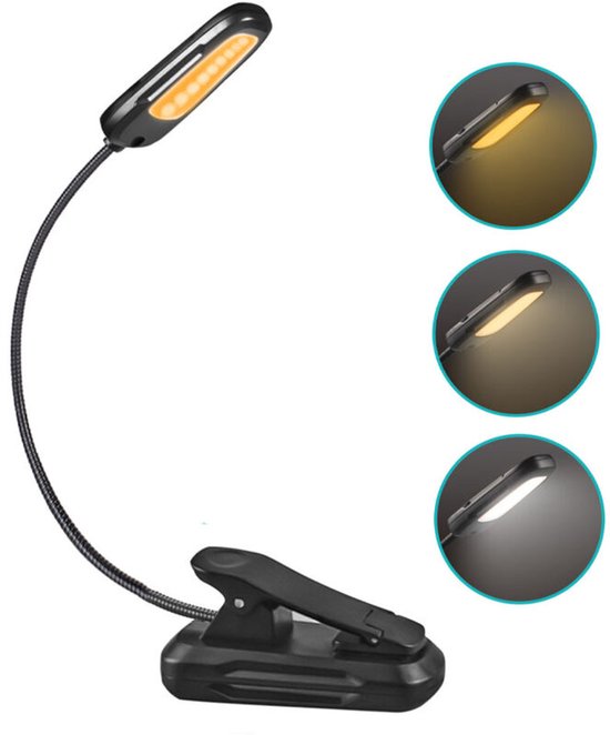 Deze leeslamp heeft 9 led's, een oplaadbaar USB-clipontwerp, 9 helderheidsstanden, 3 kleurtemperaturen en een 360° draaibare hals. Hij kan aan een bed worden bevestigd, naast een boek worden geplaatst of als nachtlampje of bedlamp worden gebruikt.