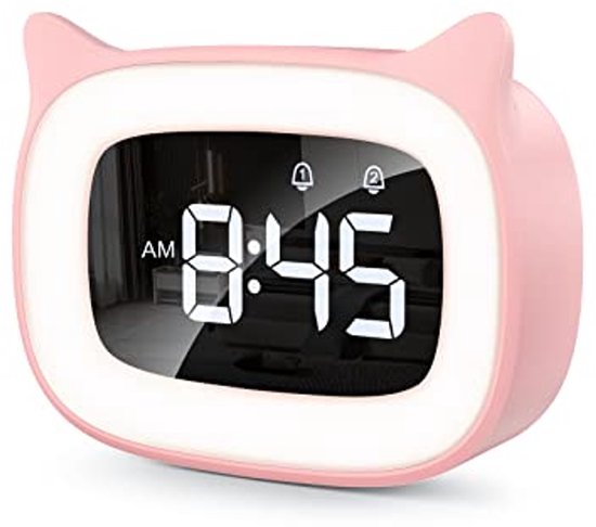 Digitale Kinderwekker met Licht en Snooze Functie - LED Nachtlampje voor Kinderen, Oplaadbaar, 18 Muzikale Alarmtonen, 12/24 Uur Weergave, Rosa van Ayybboo