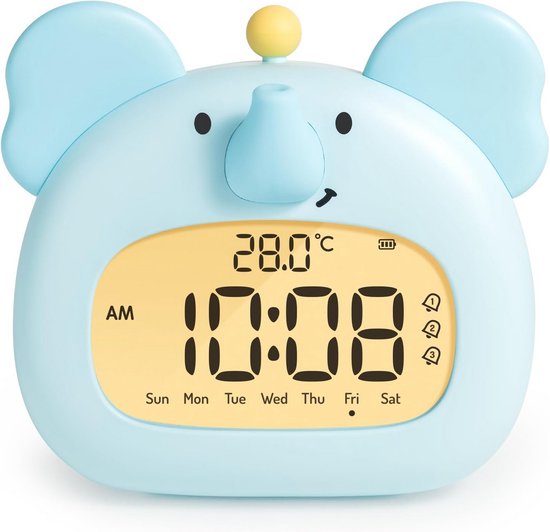 Digitale Kinderwekker met Nachtlampje, Oplaadbaar, 3 Alarmen, Weekendmodus en Temperatuurweergave van Merkloos