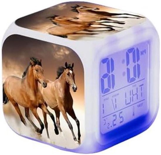 Digitale Kinderwekker - Slaaptrainer Kinderen - Kinderen Leren Klokkijken - Met Vrolijk Paardenpatroon - 8 x 8 x 8 cm