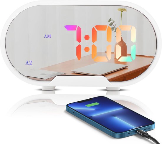 Digitale led-wekker met groot 5,5 inch display en spiegeloppervlak - Instelbaar alarm met USB-poorten