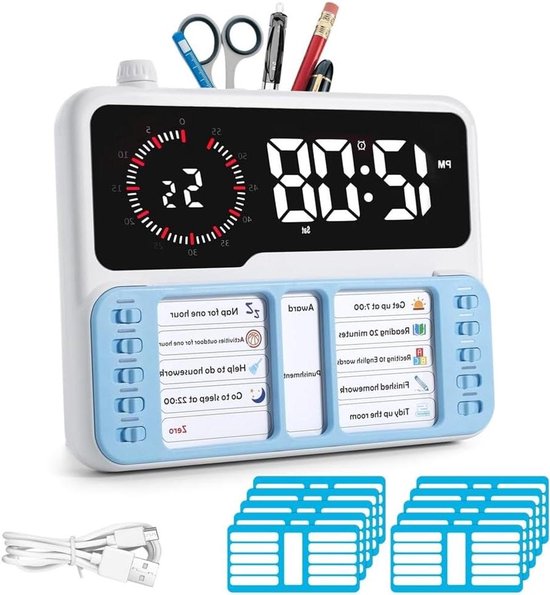 Digitale Visuele Timer - Tijdmanagement Tool - Kinderen Helpen - 4-in-1 Planner - 9 Taakkaarten - Zoals Afgebeeld