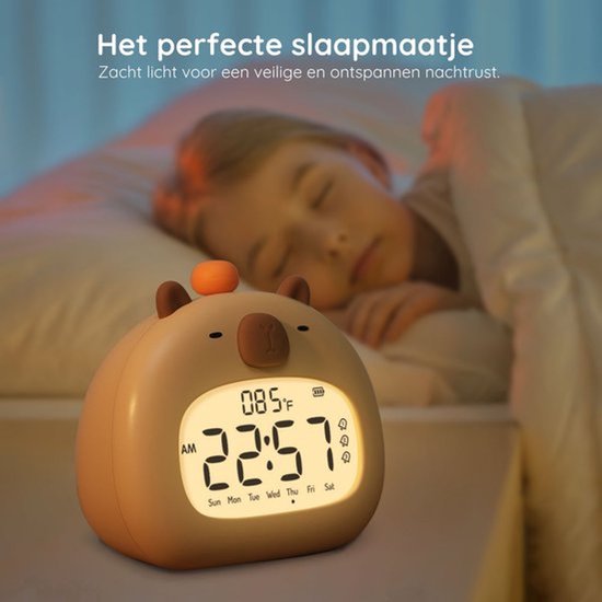 Digitale wekker Geschikt voor kinderen – Nachtlampje Geschikt voor kinderen – Draadloze slaaptrainer Geschikt voor snooze-functie – Kinderwekker – Dimbaar – Oplaadbaar via USB-C – Capybara-design – Geschikt voor kinderen – BPA-vrij van Merkloos