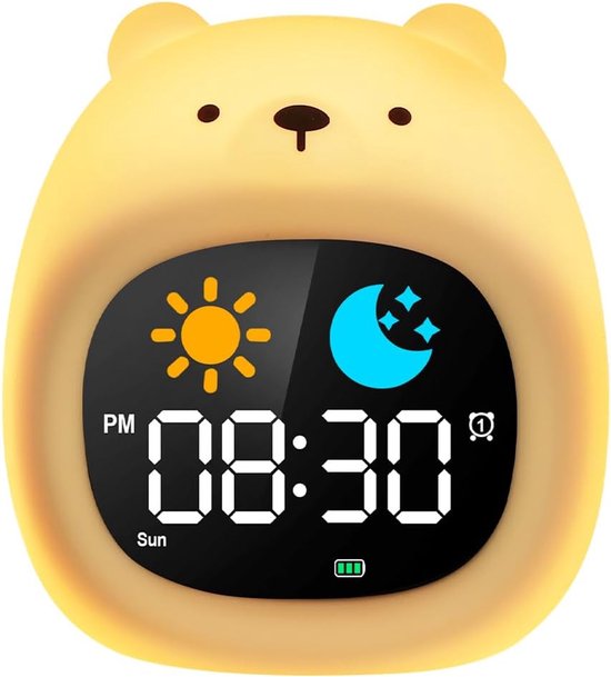 Digitale Wekker Kinderen, Kinderwekker Slaaptrainer, Kinderwekker met Snooze-Functie, Wekker Met Licht, 6 Natuurlijk Geluid Zonsopgang Wekker, Wakker Licht met 8 RGB Kleuren, Cadeaus, Beer van Merkloos