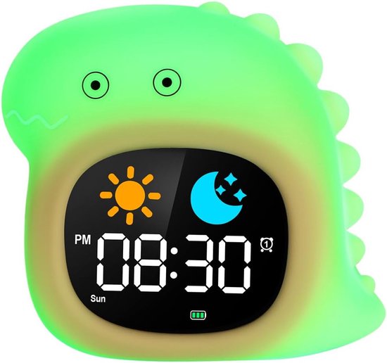 Digitale Wekker Kinderen, Kinderwekker Slaaptrainer, Kinderwekker met Snooze-Functie, Wekker Met Licht, 6 Natuurlijk Geluid Zonsopgang Wekker, Wakker Licht met 8 RGB Kleuren, Cadeaus, Dinosaurus van Merkloos