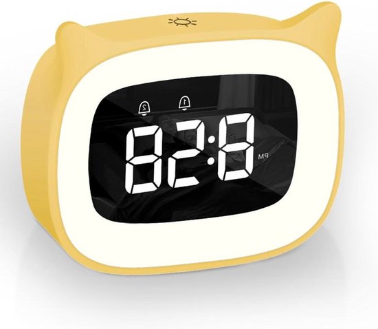 Digitale Wekker - Kinderwekker Kat - Wakker Worden - Met Nachtlampje - 5 Helderheid - Geel