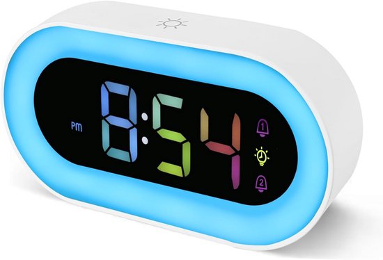 Digitale Wekker - Kinderwekker Nachtlamp - Wakker Worden - RGB Kleuren Verlichting - 12/24 Uurs - Wit