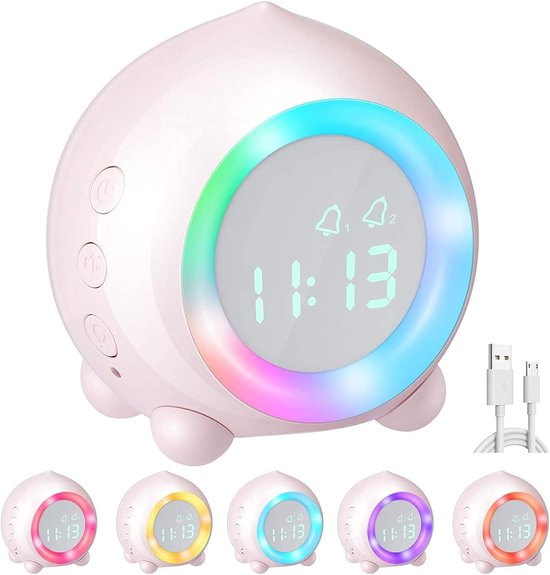 Digitale Wekker - Kinderwekker Nachtlampje - Slaapkamer Gebruik - Wekverwachting Licht - Vierkant Ontwerp - Roze