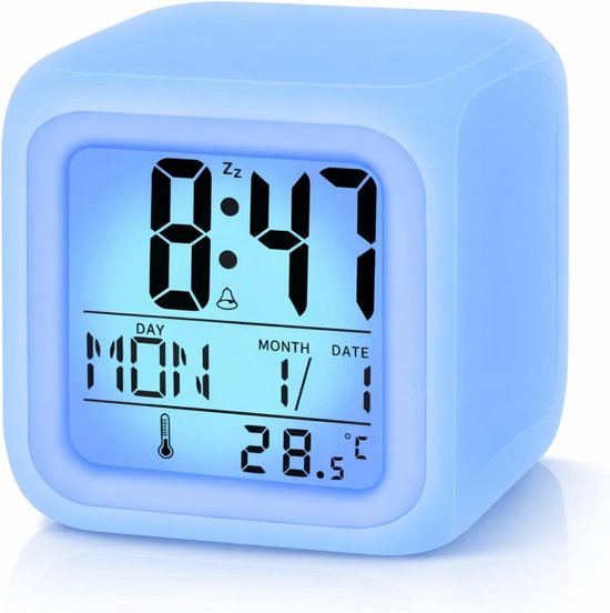Digitale Wekker - Kinderwekker Nachtlampje - Tijd Tonen - 7 Kleuren Verlichting - Temperatuur Kalender - Wit