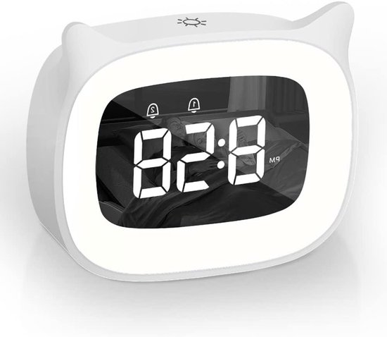 Digitale wekker - Kinderwekker nachtlampje - Wakker worden - Schattige kattenvorm - 5 helderheidsmodi - Wit