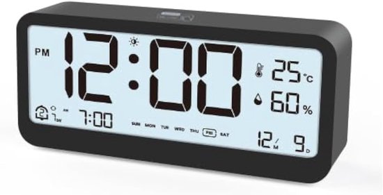 Digitale wekker met dubbele alarmfunctie, temperatuur- en luchtvochtigheidsweergave, snooze-modus en instelbare helderheid